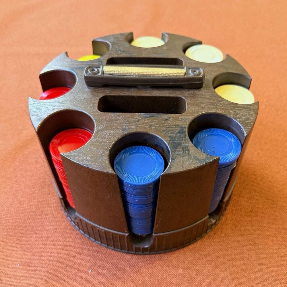 Vintage Rotating Poker Chip Carousel Caddy with Red Blue White Yellow Chips